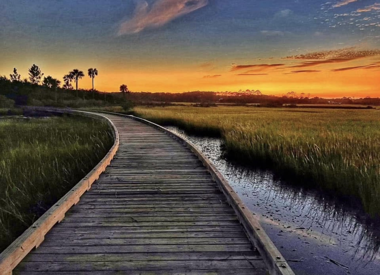 Boardwalk over Palencia marsh at sunset